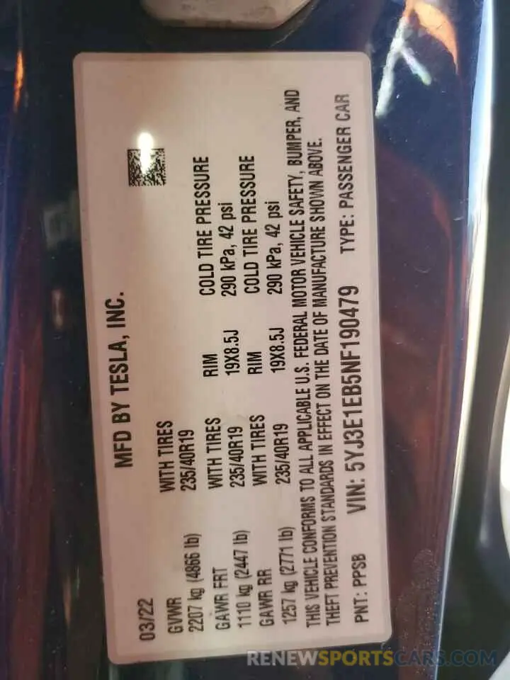 12 fotografías del automóvil dañado 5YJ3E1EB5NF190479 TESLA MODEL 3 2022