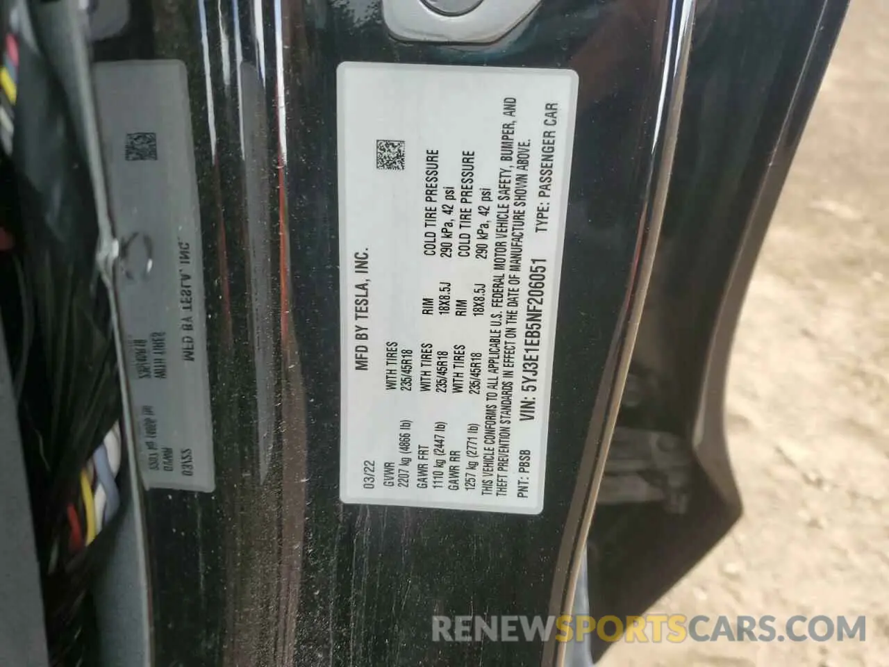 12 fotografías del automóvil dañado 5YJ3E1EB5NF206051 TESLA MODEL 3 2022