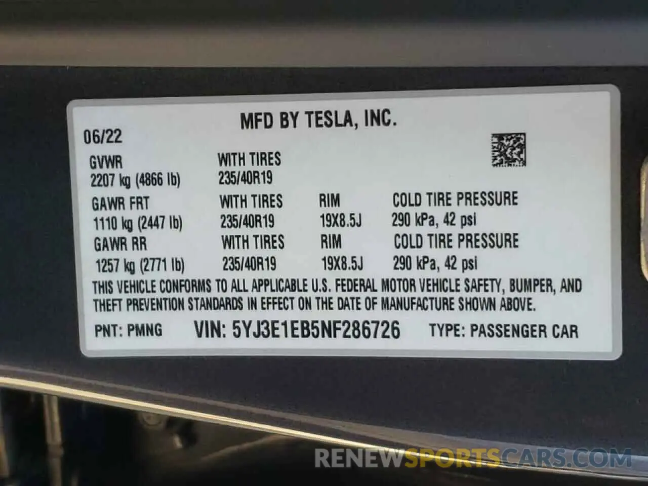 10 fotografías del automóvil dañado 5YJ3E1EB5NF286726 TESLA MODEL 3 2022