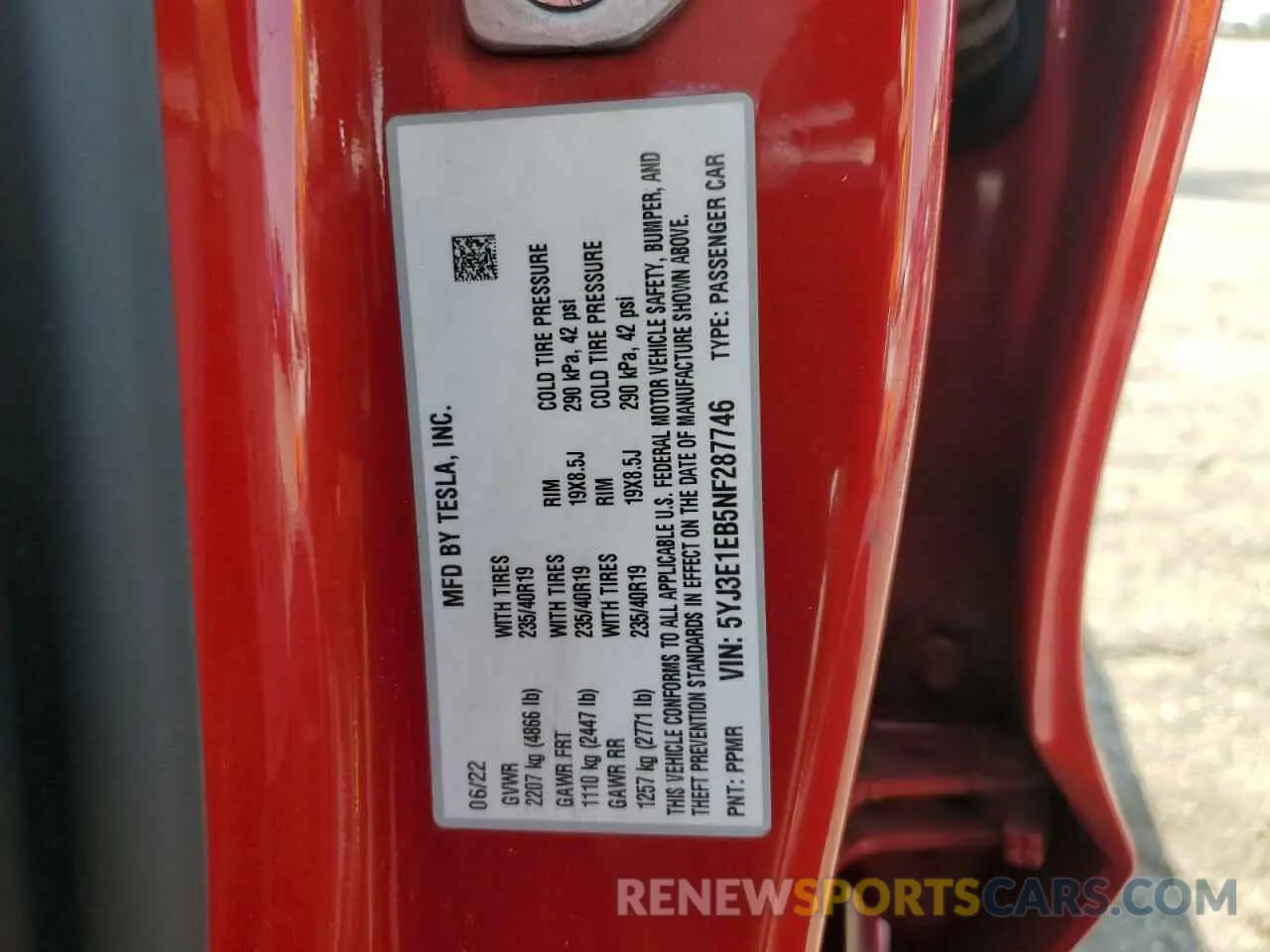 12 fotografías del automóvil dañado 5YJ3E1EB5NF287746 TESLA MODEL 3 2022