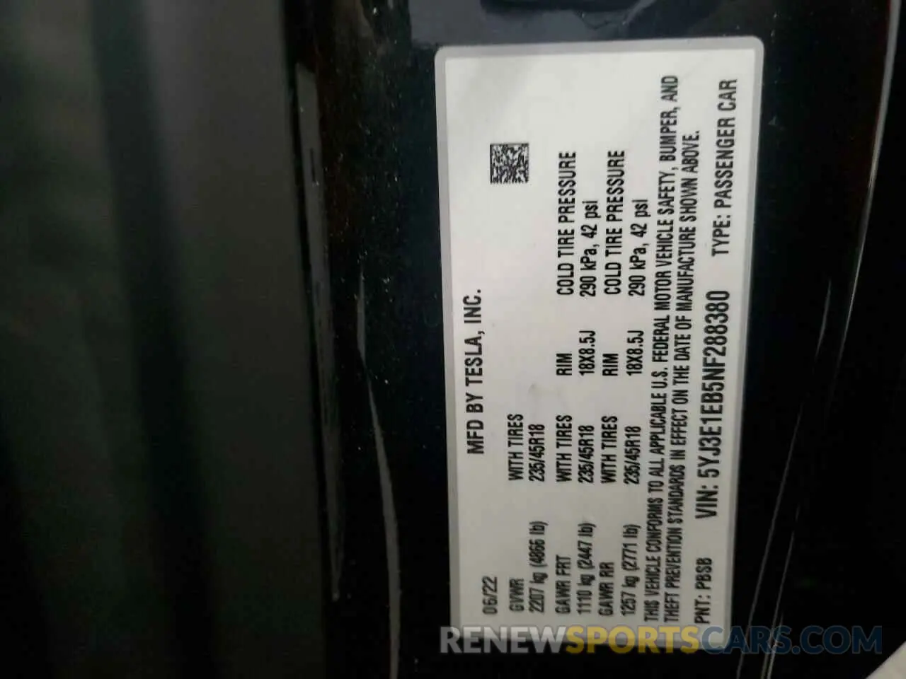 12 fotografías del automóvil dañado 5YJ3E1EB5NF288380 TESLA MODEL 3 2022