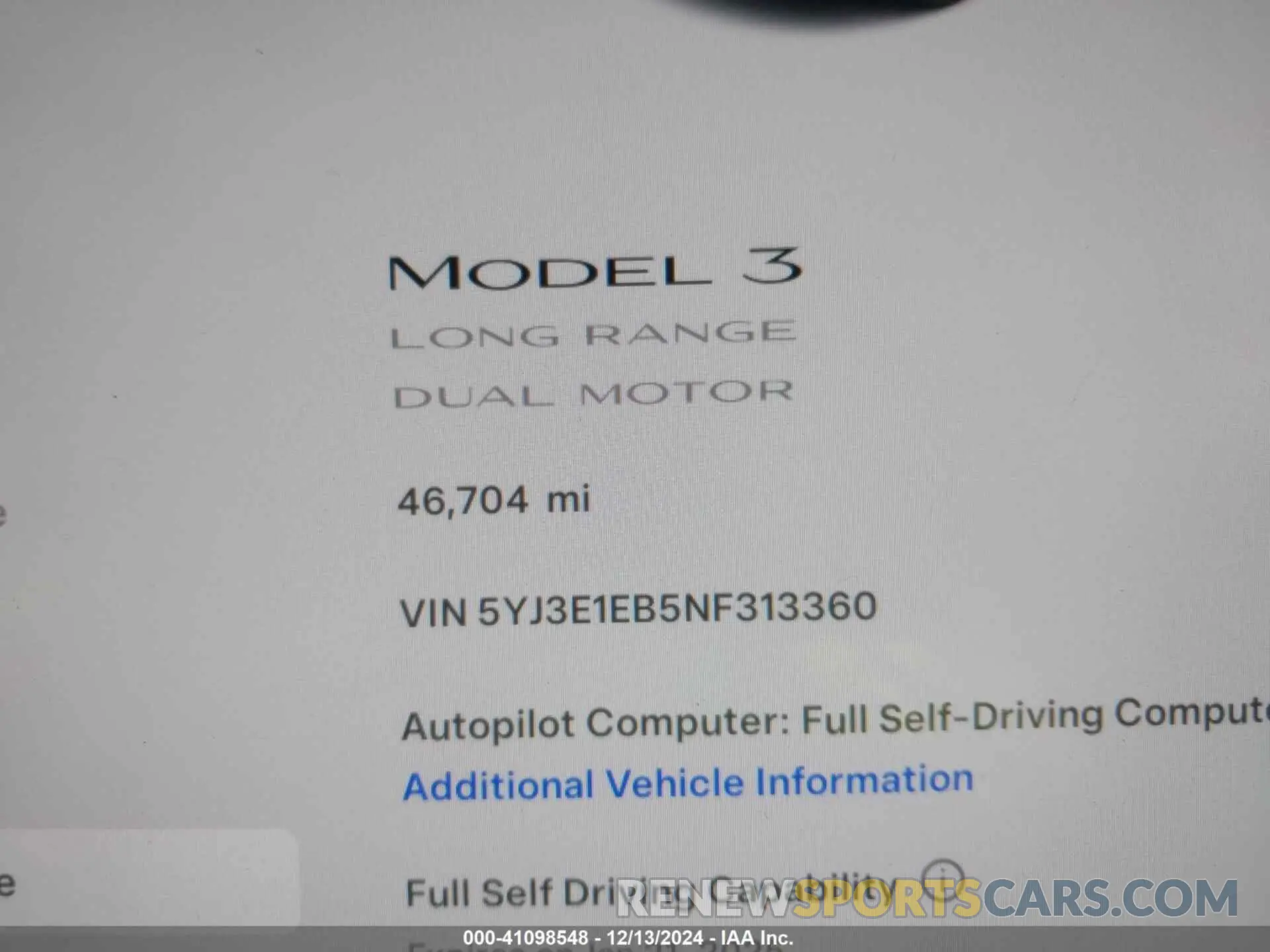 15 fotografías del automóvil dañado 5YJ3E1EB5NF313360 TESLA MODEL 3 2022