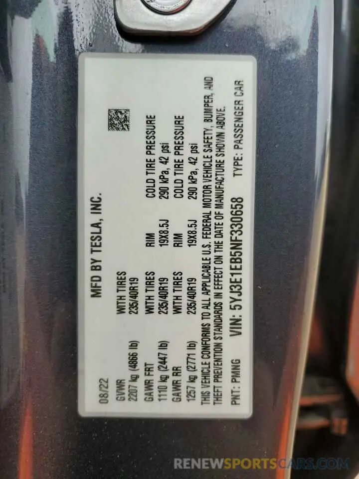 12 fotografías del automóvil dañado 5YJ3E1EB5NF330658 TESLA MODEL 3 2022