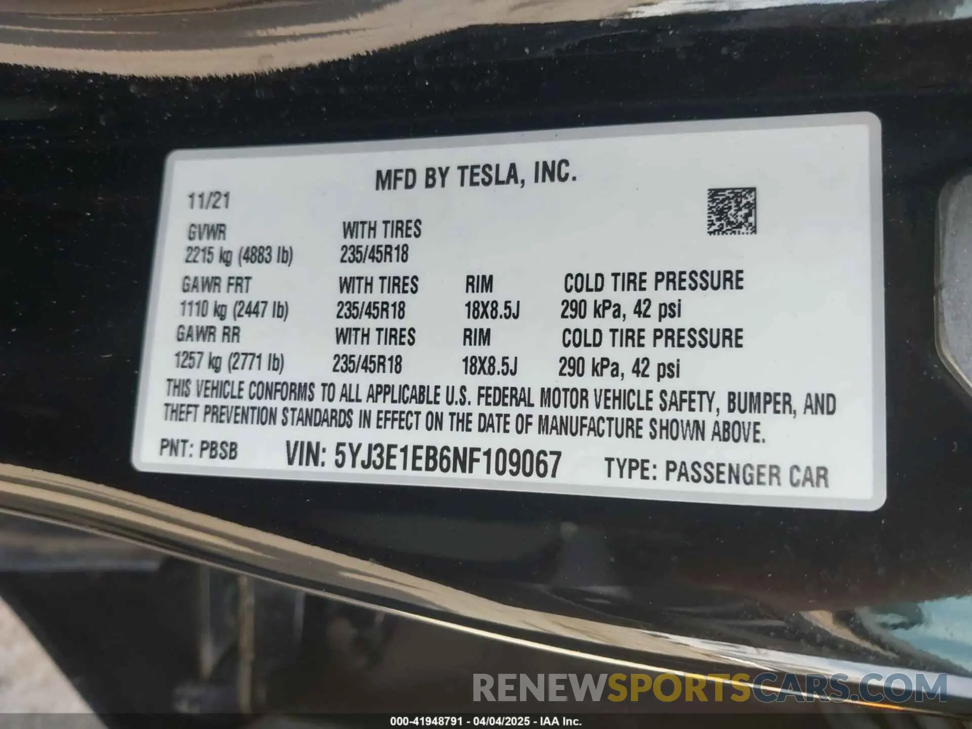 9 fotografías del automóvil dañado 5YJ3E1EB6NF109067 TESLA MODEL 3 2022