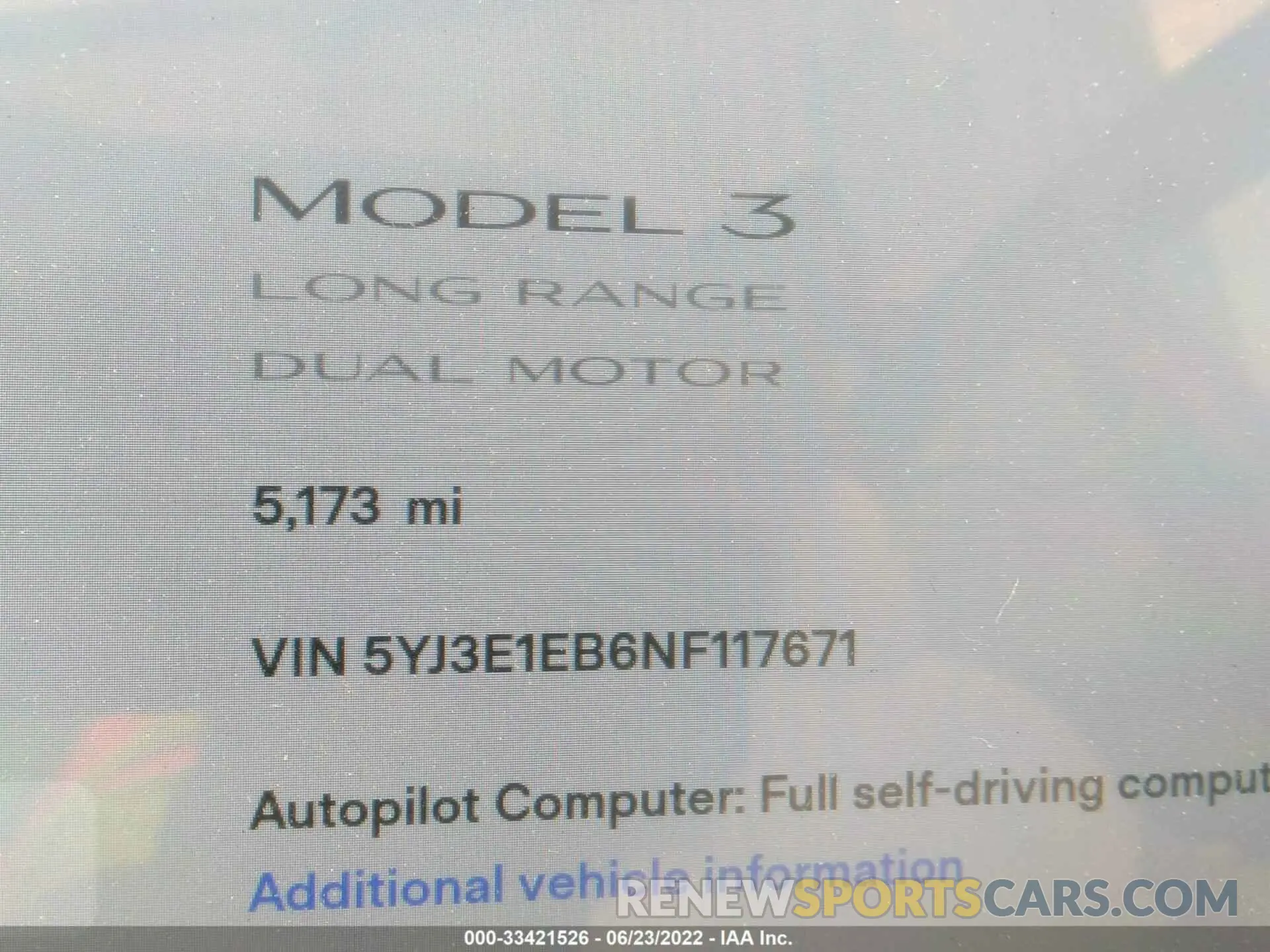7 fotografías del automóvil dañado 5YJ3E1EB6NF117671 TESLA MODEL 3 2022
