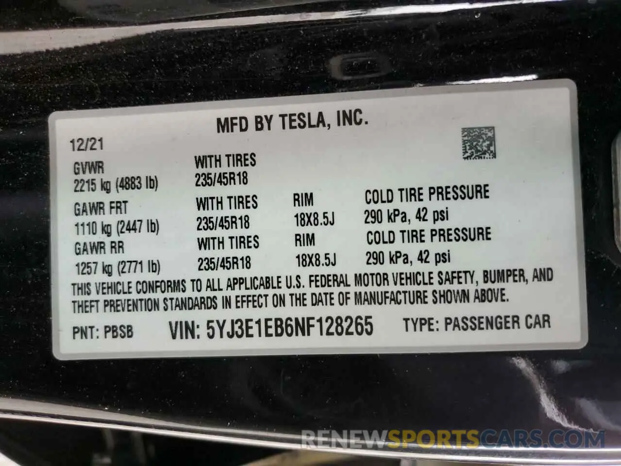 12 fotografías del automóvil dañado 5YJ3E1EB6NF128265 TESLA MODEL 3 2022