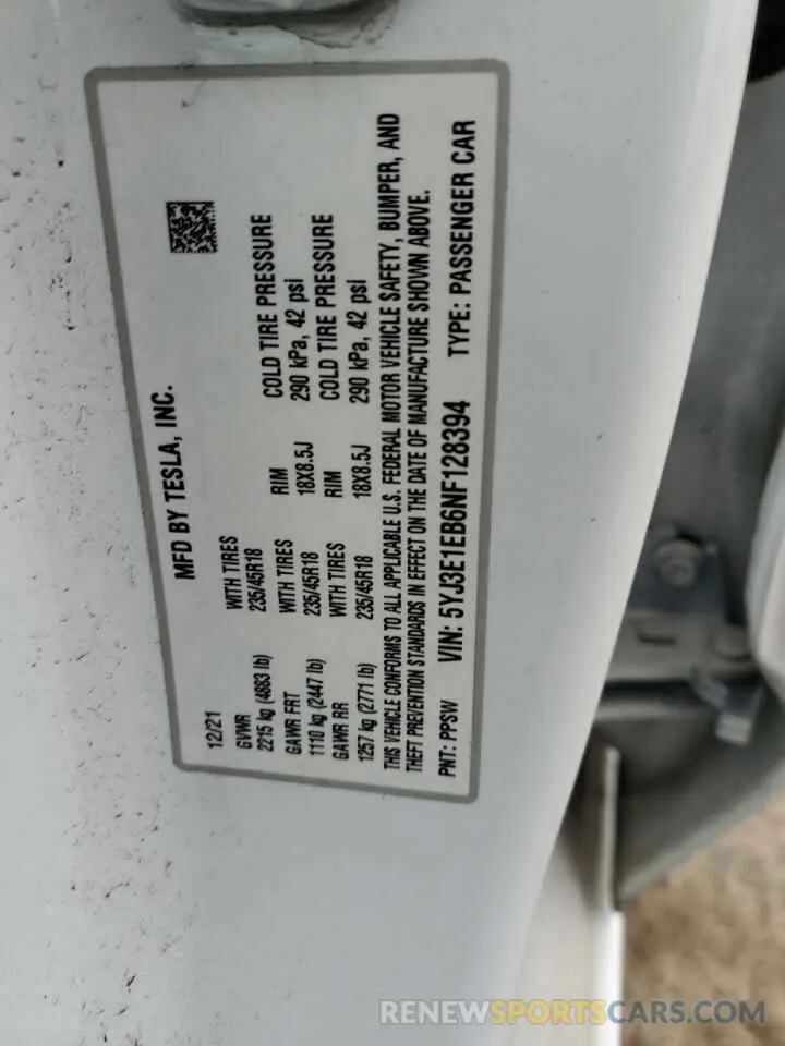 12 fotografías del automóvil dañado 5YJ3E1EB6NF128394 TESLA MODEL 3 2022