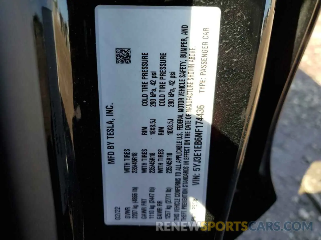 10 fotografías del automóvil dañado 5YJ3E1EB6NF174436 TESLA MODEL 3 2022