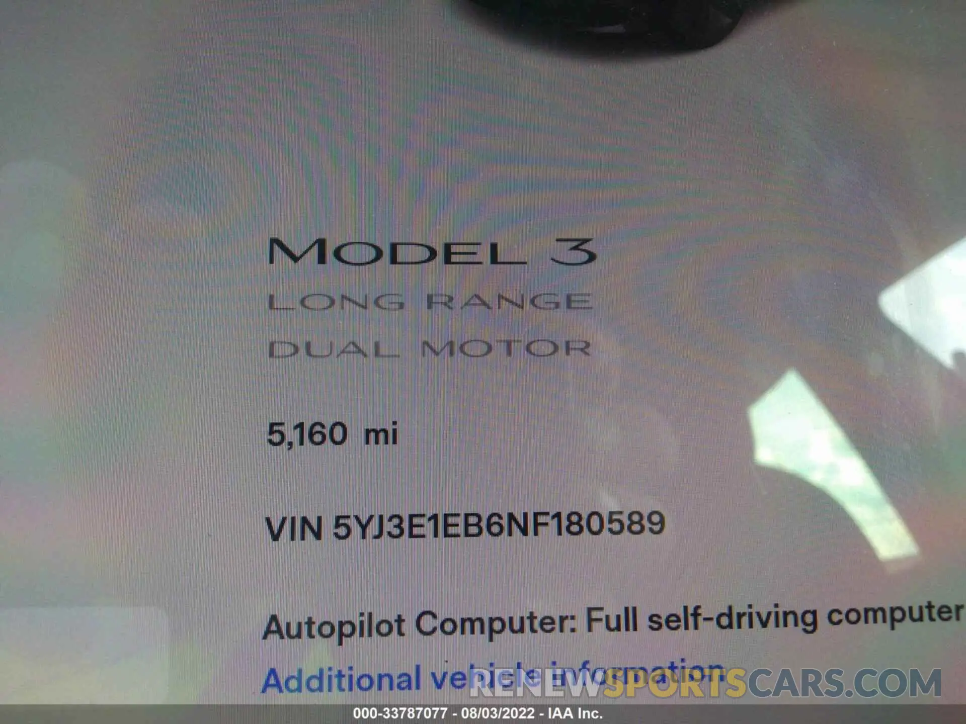 7 fotografías del automóvil dañado 5YJ3E1EB6NF180589 TESLA MODEL 3 2022