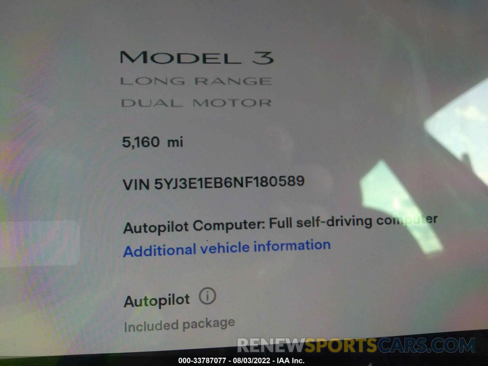 9 fotografías del automóvil dañado 5YJ3E1EB6NF180589 TESLA MODEL 3 2022