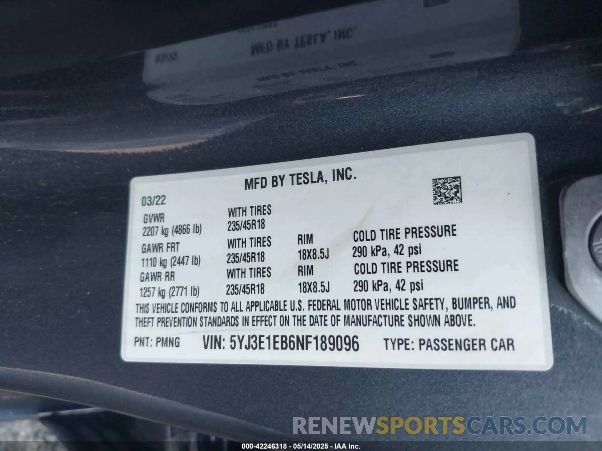 9 fotografías del automóvil dañado 5YJ3E1EB6NF189096 TESLA MODEL 3 2022