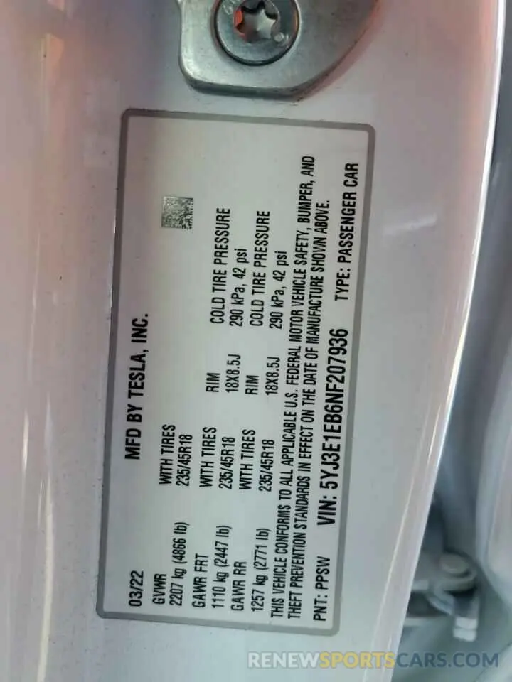 13 fotografías del automóvil dañado 5YJ3E1EB6NF207936 TESLA MODEL 3 2022