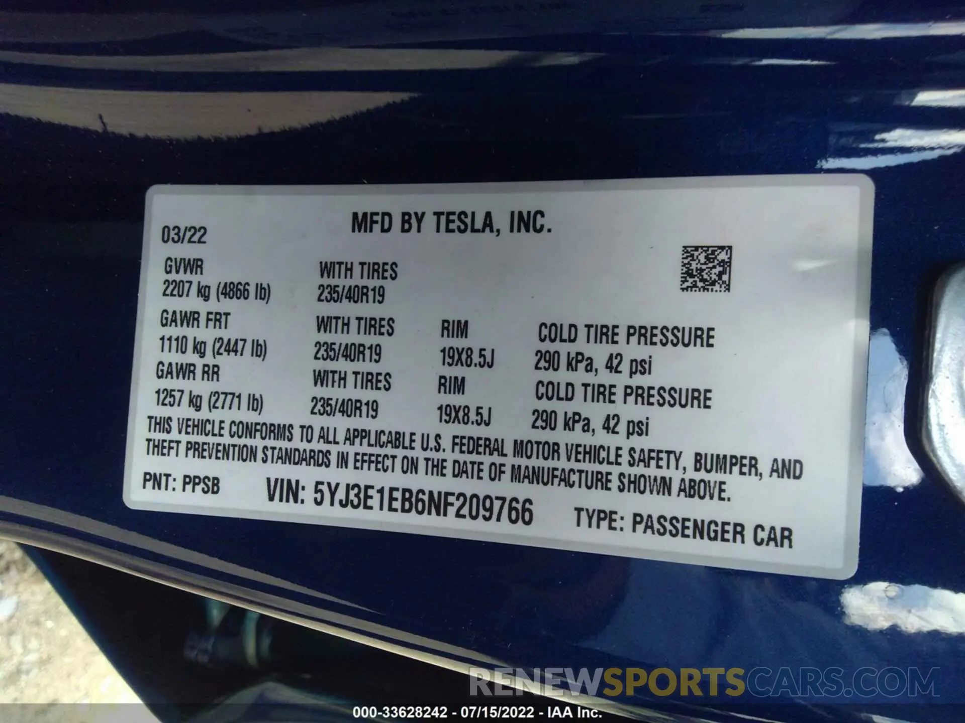 9 fotografías del automóvil dañado 5YJ3E1EB6NF209766 TESLA MODEL 3 2022