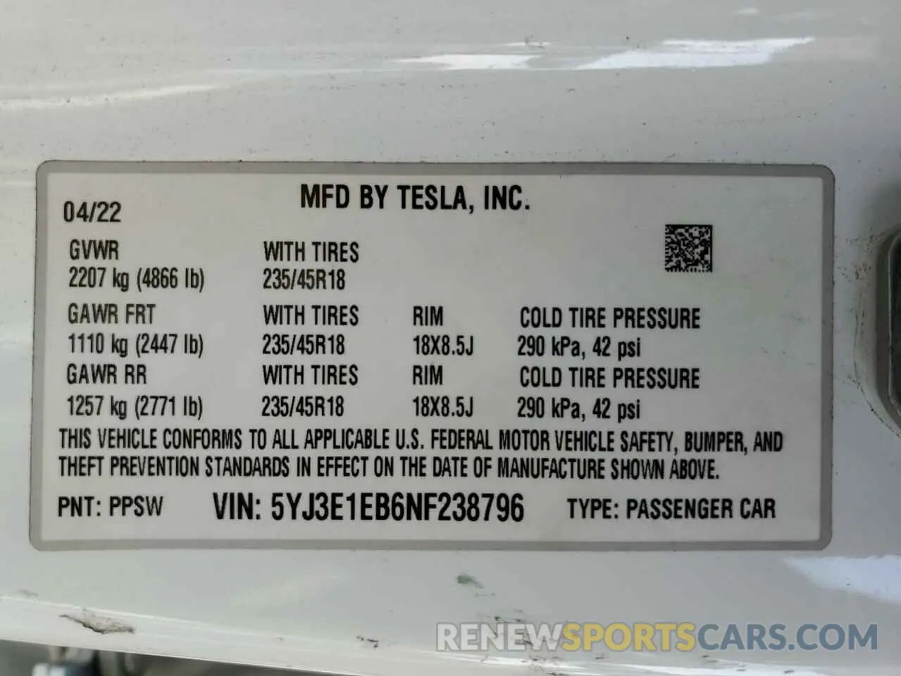 14 fotografías del automóvil dañado 5YJ3E1EB6NF238796 TESLA MODEL 3 2022