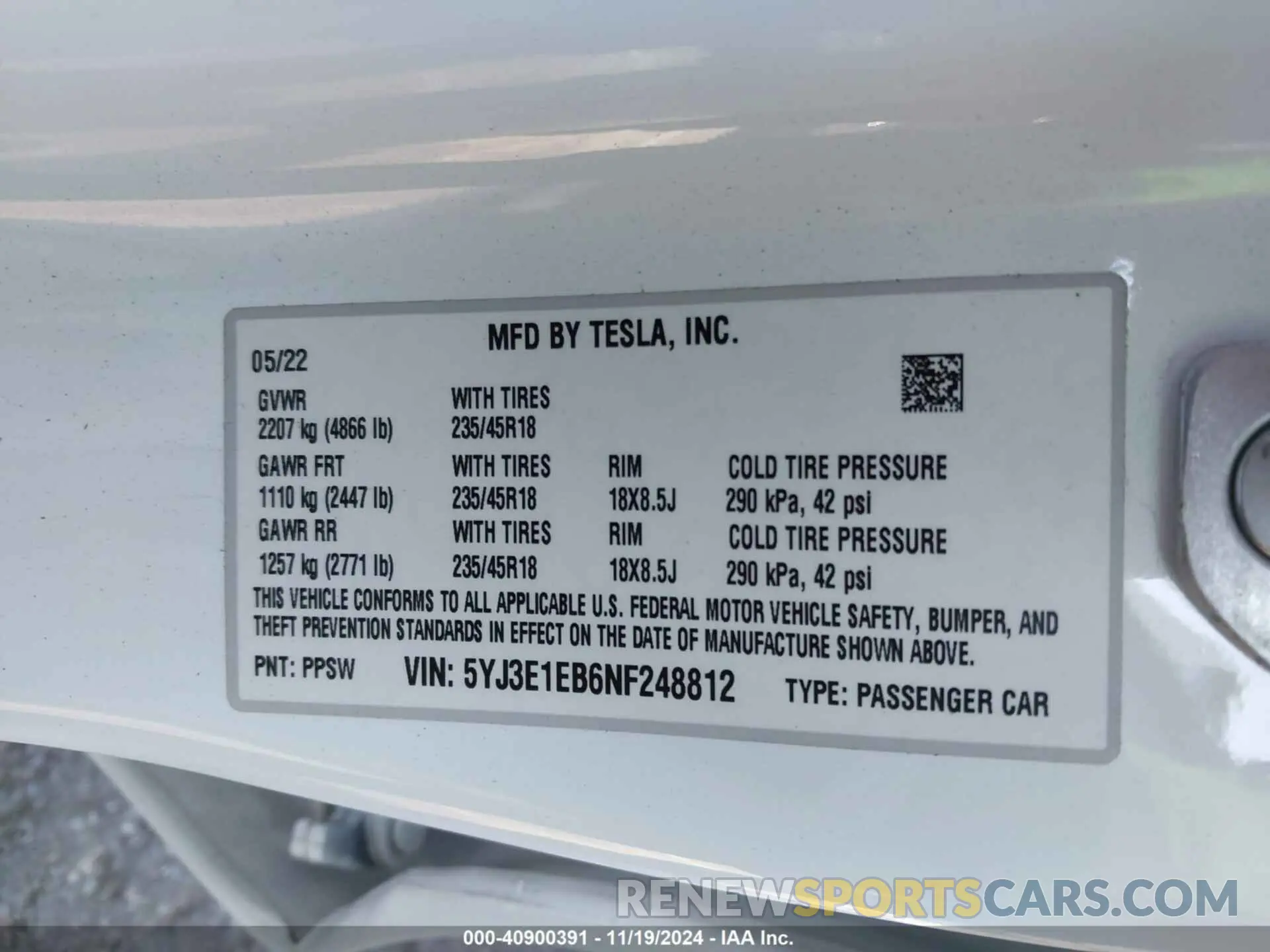 9 fotografías del automóvil dañado 5YJ3E1EB6NF248812 TESLA MODEL 3 2022