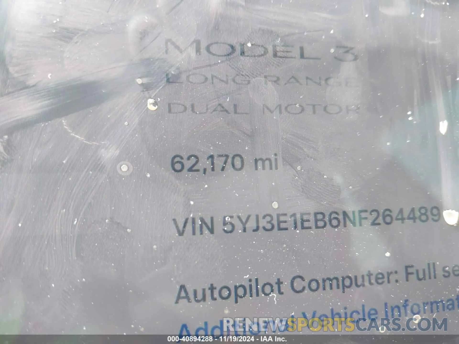 15 fotografías del automóvil dañado 5YJ3E1EB6NF264489 TESLA MODEL 3 2022