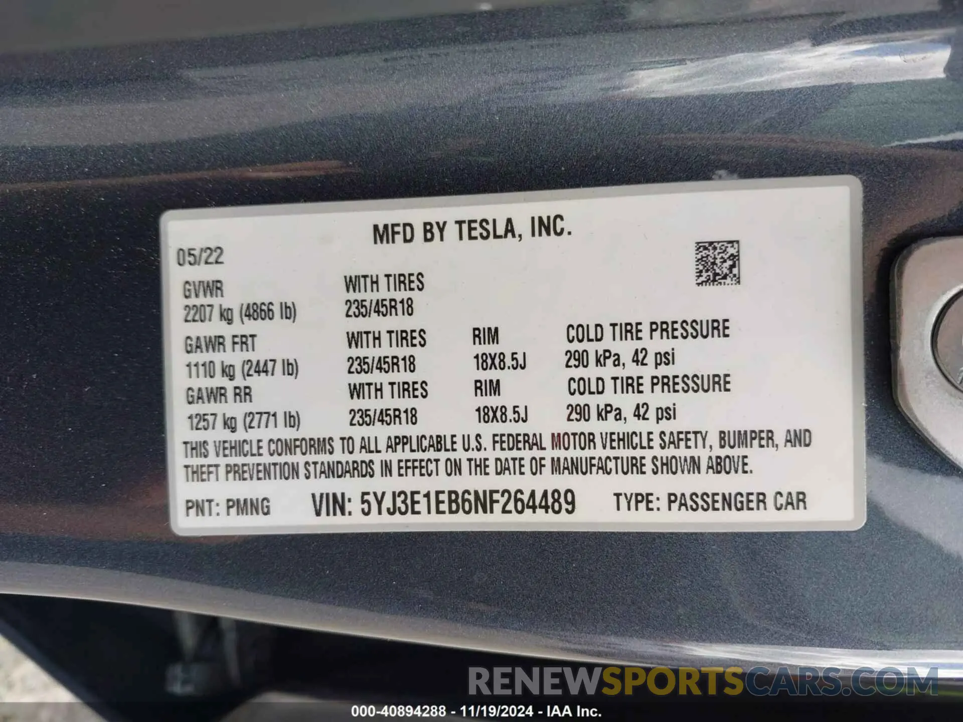 9 fotografías del automóvil dañado 5YJ3E1EB6NF264489 TESLA MODEL 3 2022