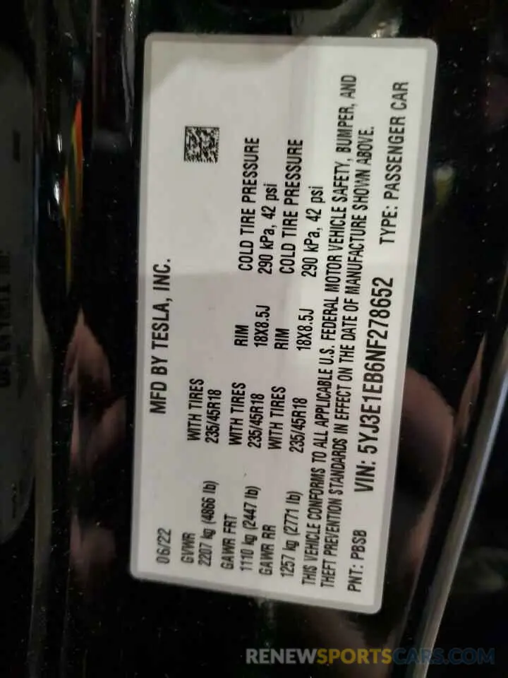12 fotografías del automóvil dañado 5YJ3E1EB6NF278652 TESLA MODEL 3 2022