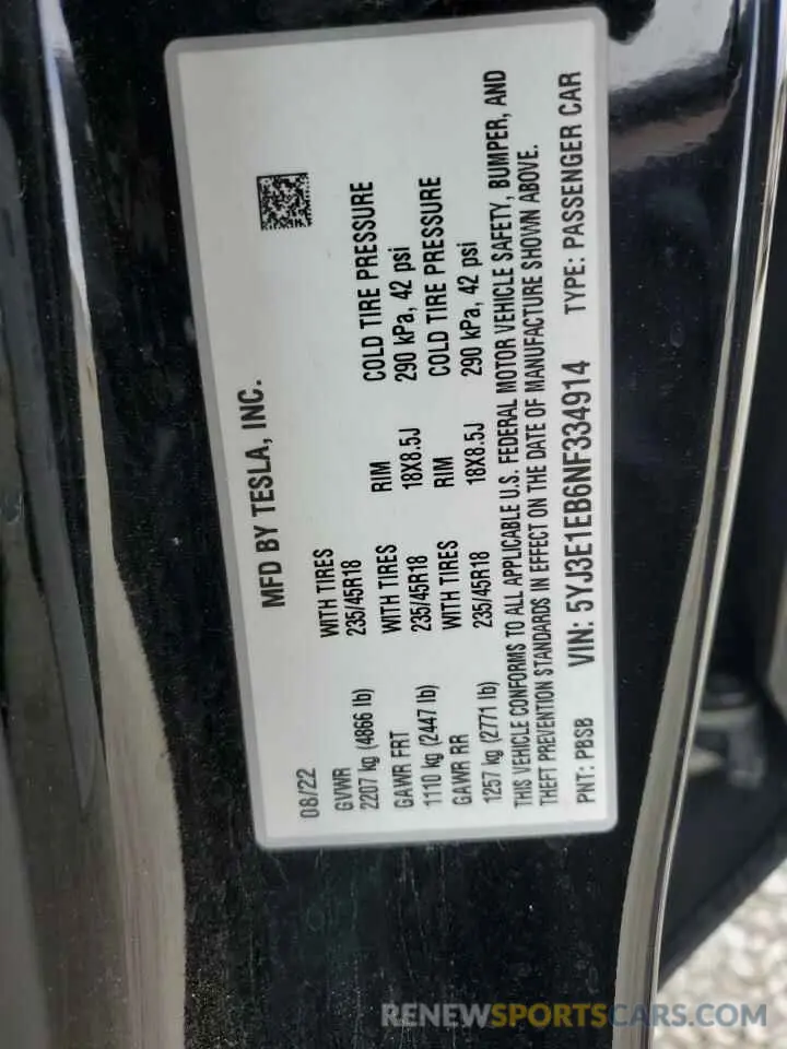 12 fotografías del automóvil dañado 5YJ3E1EB6NF334914 TESLA MODEL 3 2022