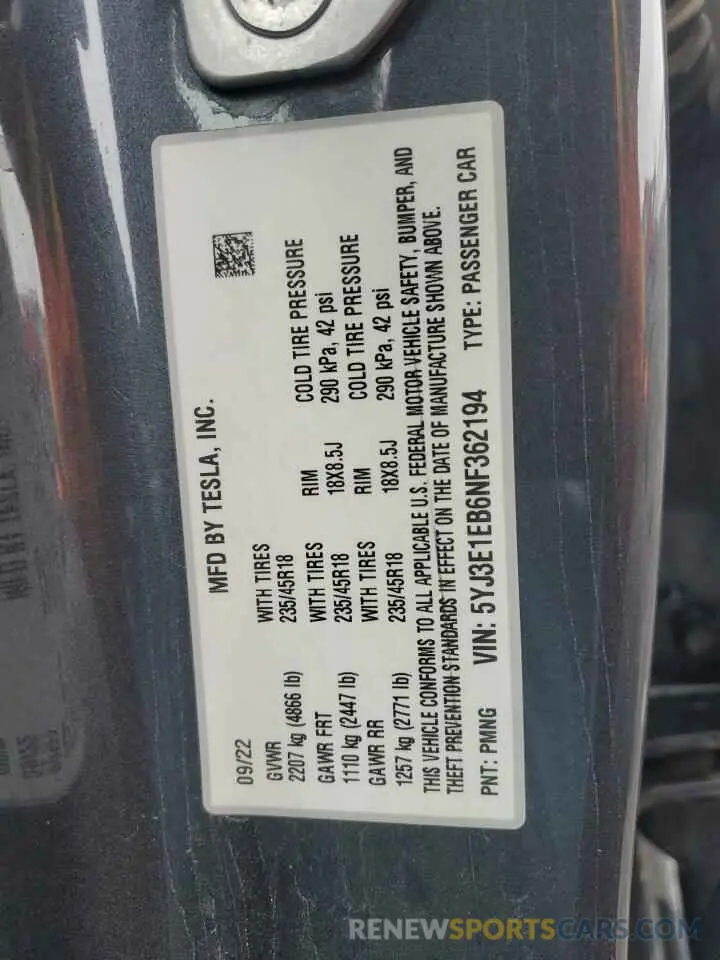 12 fotografías del automóvil dañado 5YJ3E1EB6NF362194 TESLA MODEL 3 2022