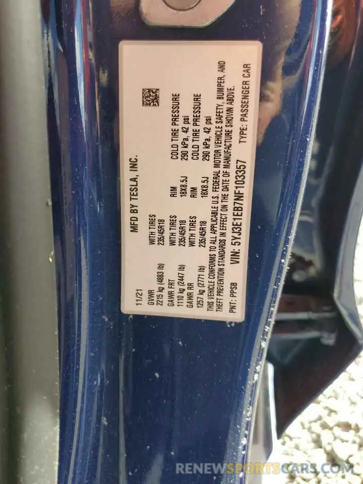 13 fotografías del automóvil dañado 5YJ3E1EB7NF103357 TESLA MODEL 3 2022
