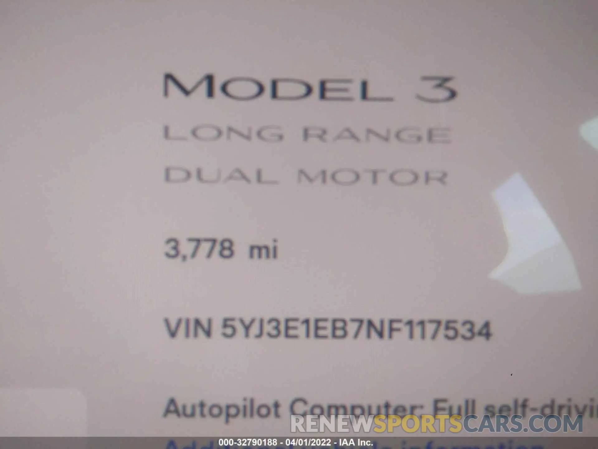 7 fotografías del automóvil dañado 5YJ3E1EB7NF117534 TESLA MODEL 3 2022