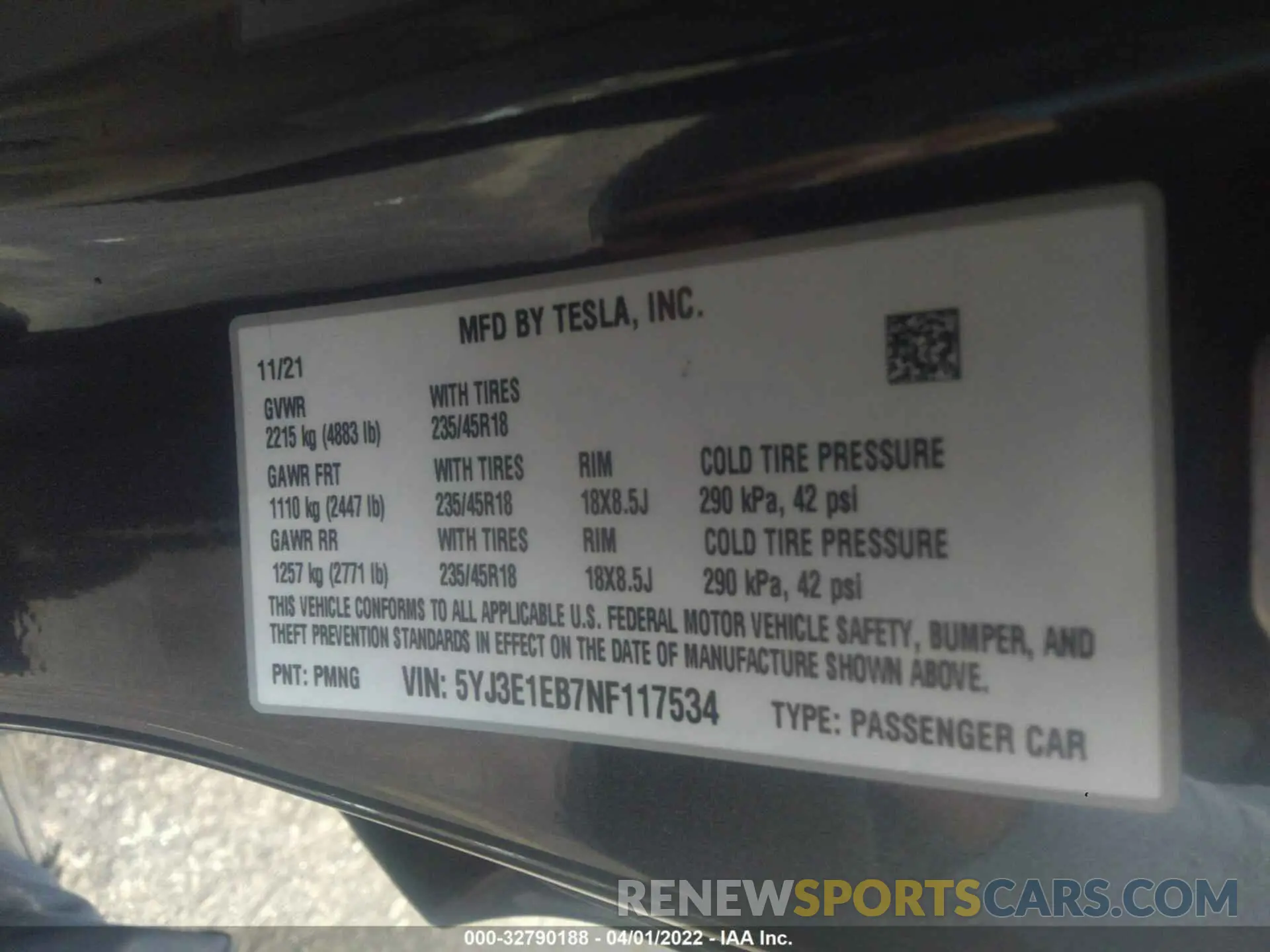 9 fotografías del automóvil dañado 5YJ3E1EB7NF117534 TESLA MODEL 3 2022