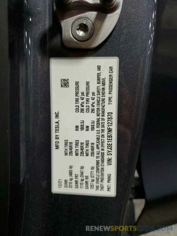 14 fotografías del automóvil dañado 5YJ3E1EB7NF127870 TESLA MODEL 3 2022