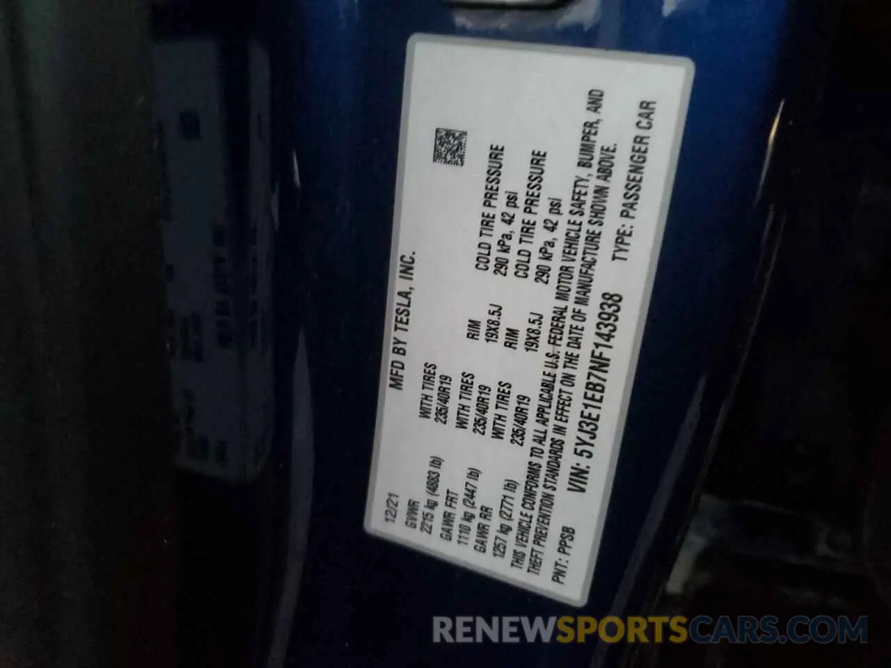 12 fotografías del automóvil dañado 5YJ3E1EB7NF143938 TESLA MODEL 3 2022