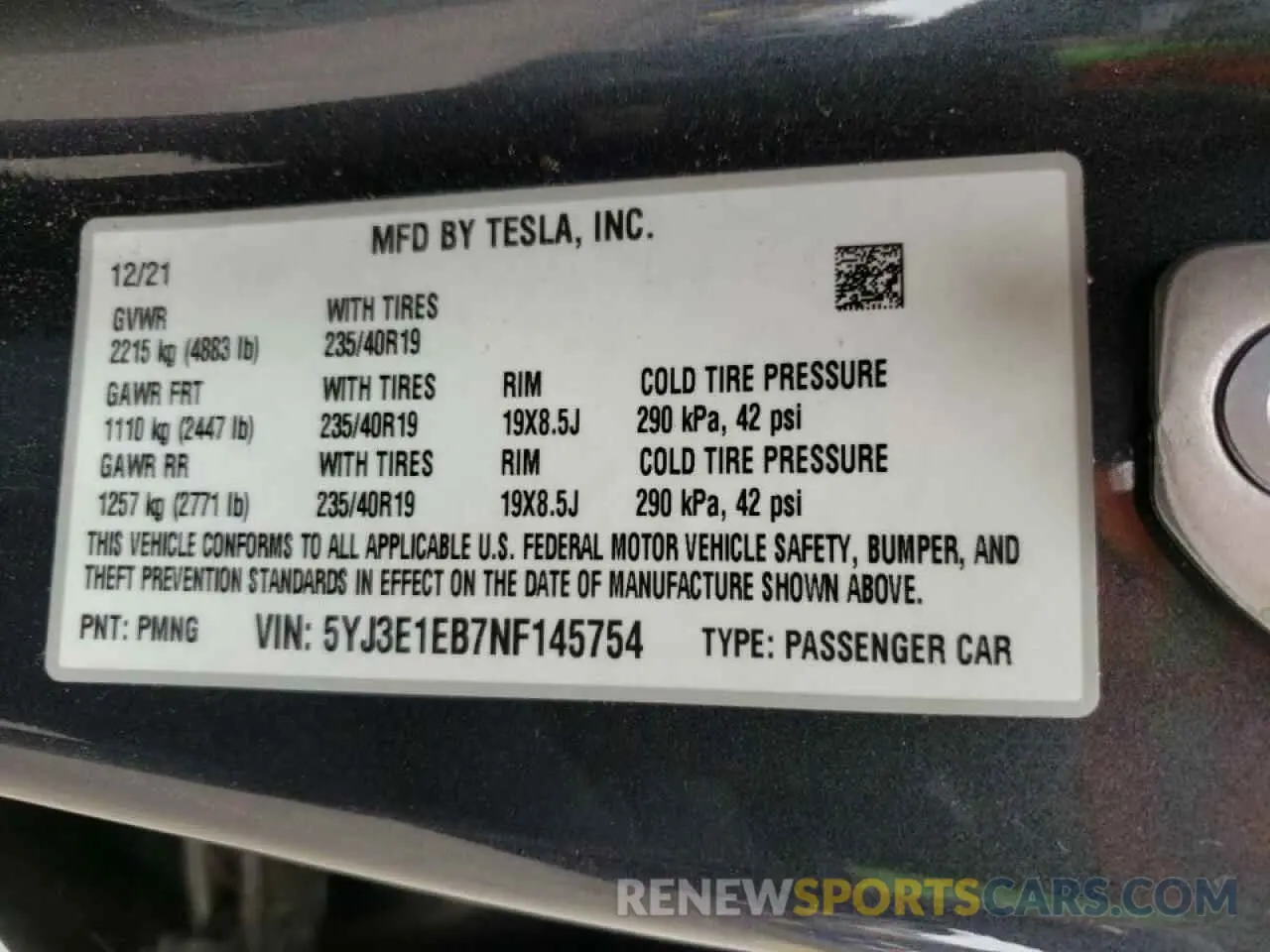 10 fotografías del automóvil dañado 5YJ3E1EB7NF145754 TESLA MODEL 3 2022