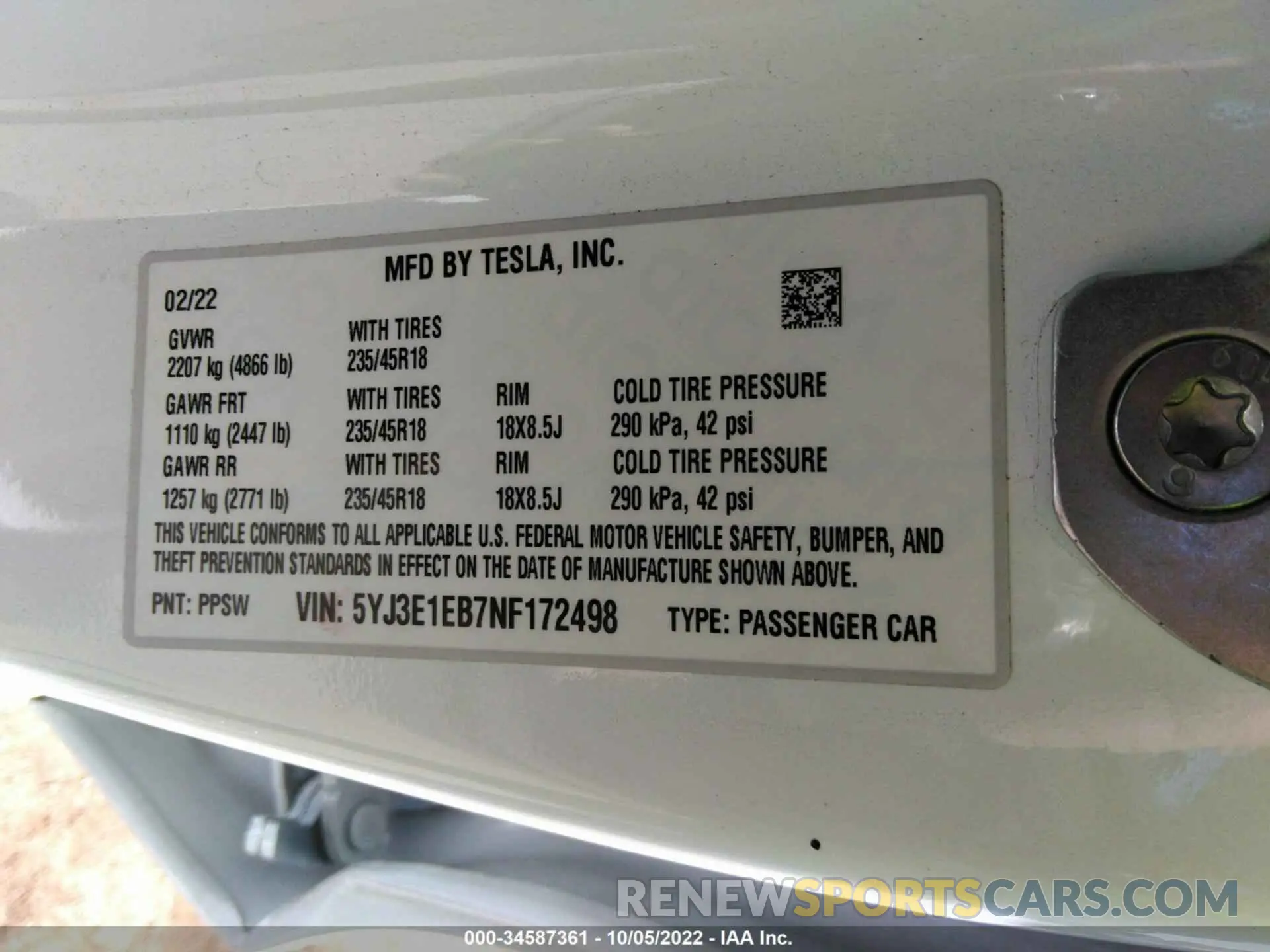 9 fotografías del automóvil dañado 5YJ3E1EB7NF172498 TESLA MODEL 3 2022
