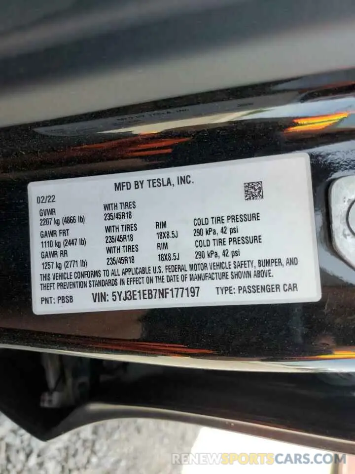 13 fotografías del automóvil dañado 5YJ3E1EB7NF177197 TESLA MODEL 3 2022