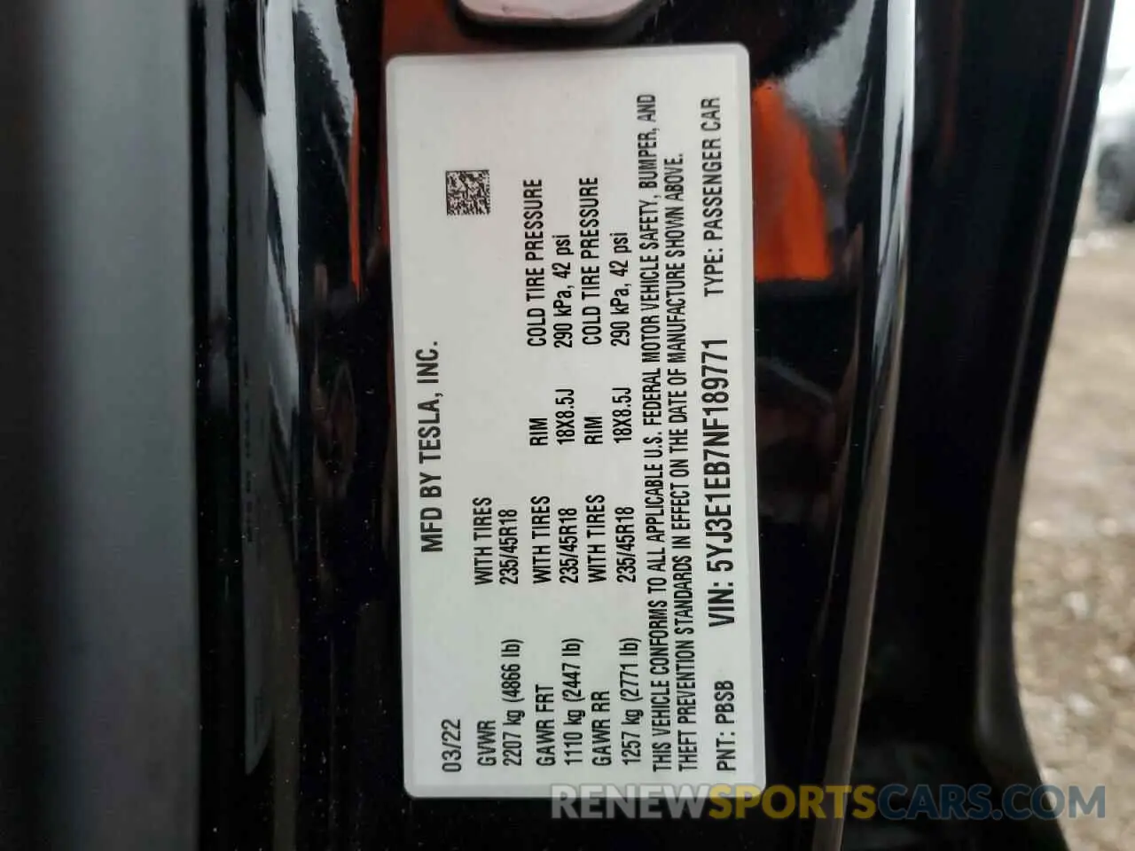 12 fotografías del automóvil dañado 5YJ3E1EB7NF189771 TESLA MODEL 3 2022