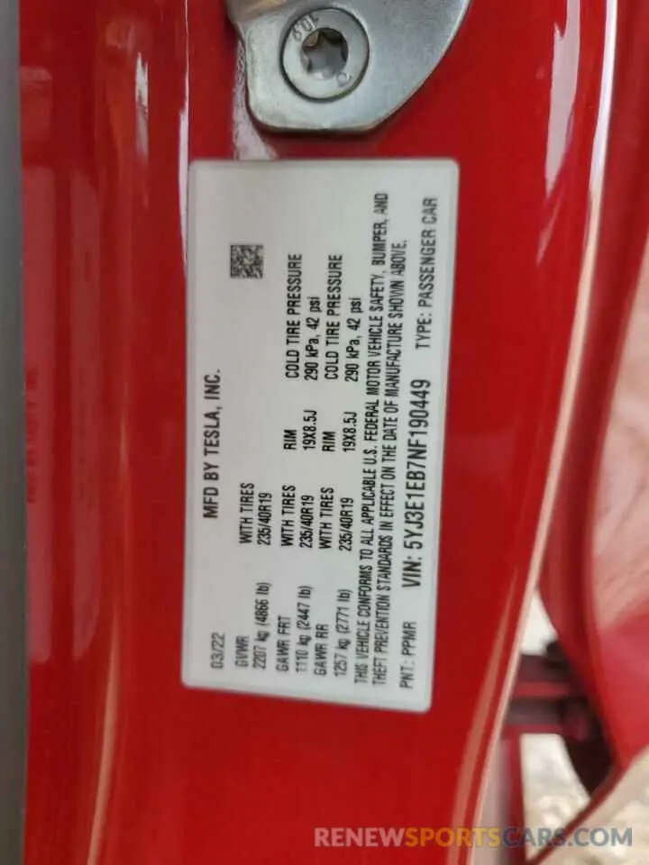14 fotografías del automóvil dañado 5YJ3E1EB7NF190449 TESLA MODEL 3 2022