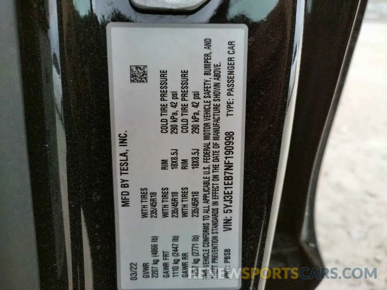 10 fotografías del automóvil dañado 5YJ3E1EB7NF190998 TESLA MODEL 3 2022