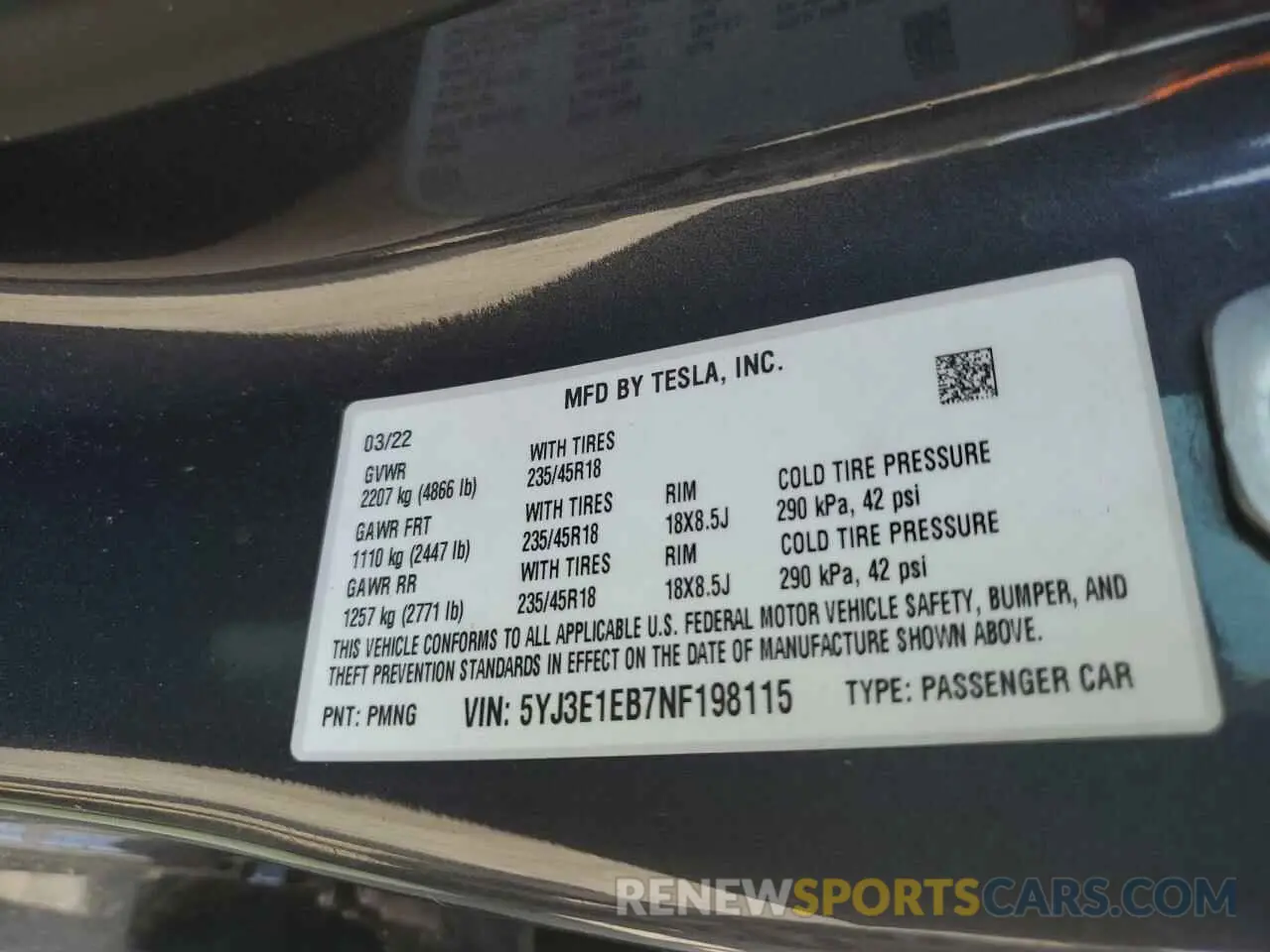 14 fotografías del automóvil dañado 5YJ3E1EB7NF198115 TESLA MODEL 3 2022