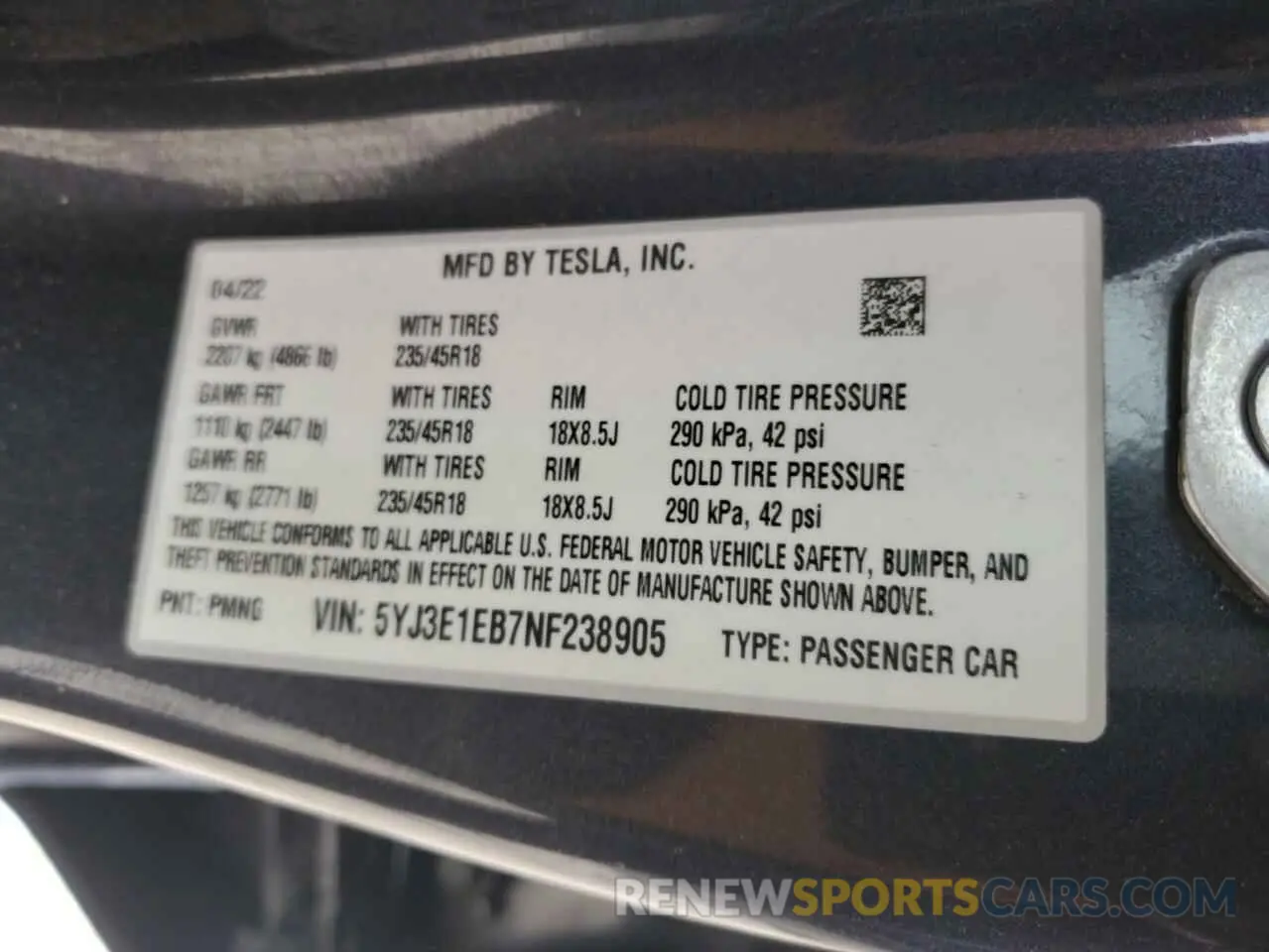 12 fotografías del automóvil dañado 5YJ3E1EB7NF238905 TESLA MODEL 3 2022