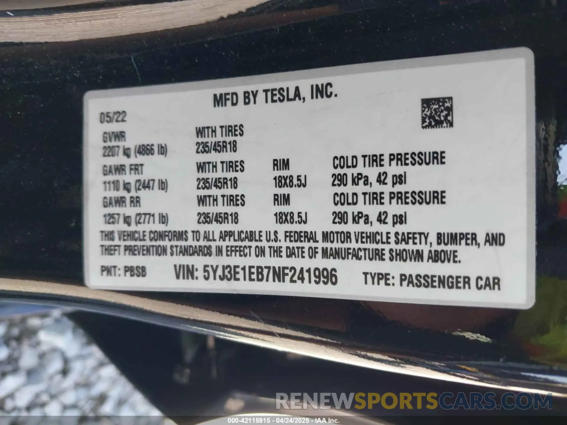 9 fotografías del automóvil dañado 5YJ3E1EB7NF241996 TESLA MODEL 3 2022