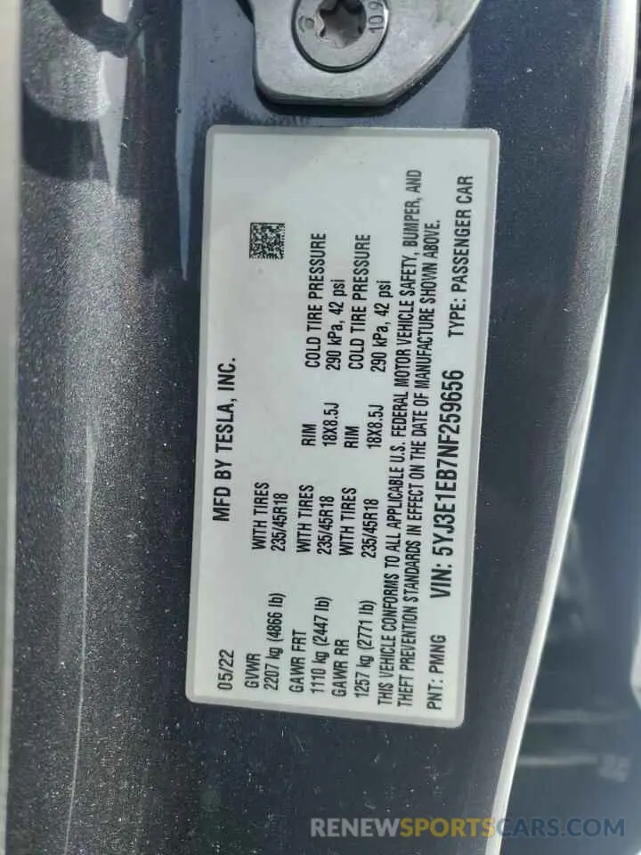 13 fotografías del automóvil dañado 5YJ3E1EB7NF259656 TESLA MODEL 3 2022