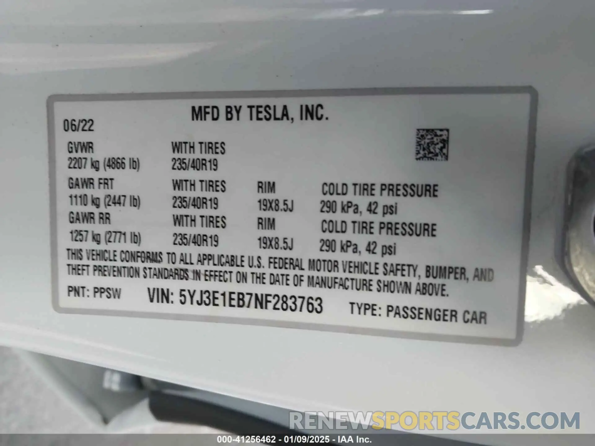 9 fotografías del automóvil dañado 5YJ3E1EB7NF283763 TESLA MODEL 3 2022