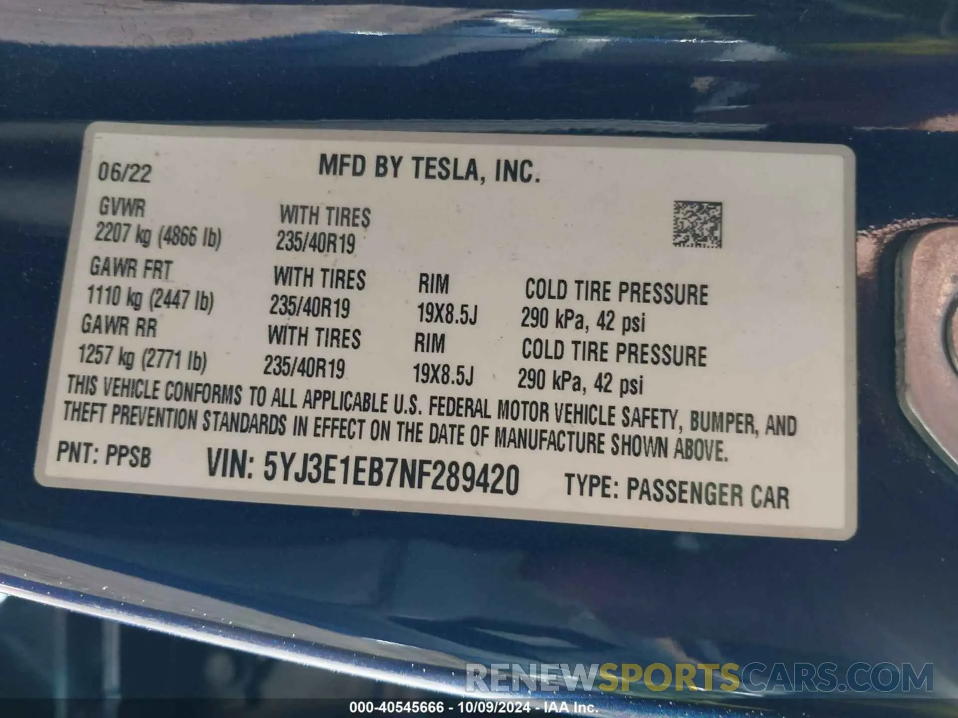 9 fotografías del automóvil dañado 5YJ3E1EB7NF289420 TESLA MODEL 3 2022
