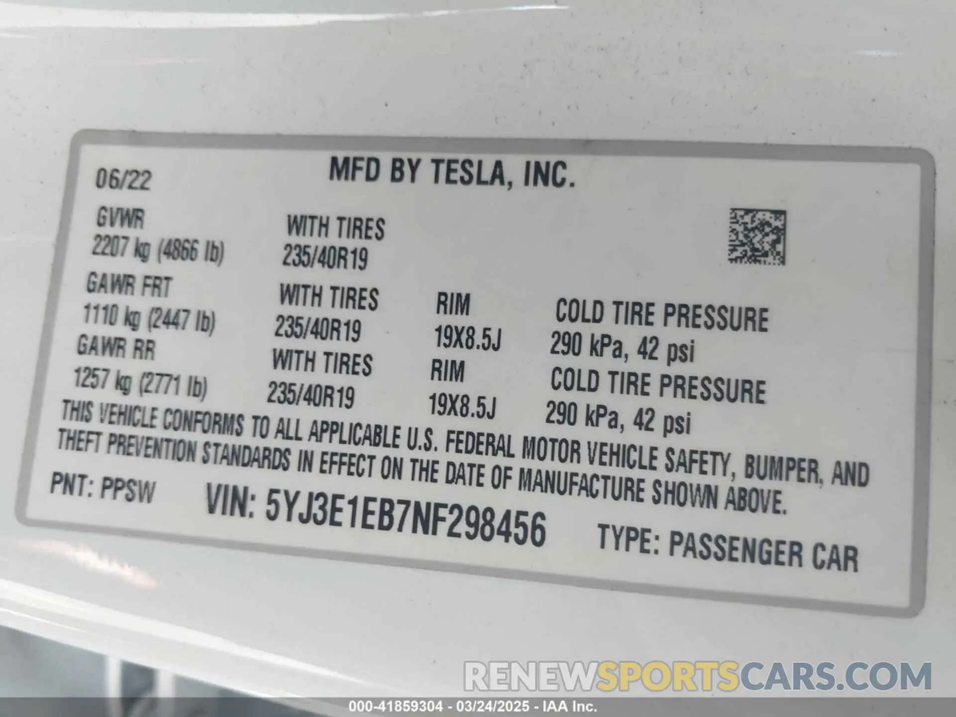 9 fotografías del automóvil dañado 5YJ3E1EB7NF298456 TESLA MODEL 3 2022