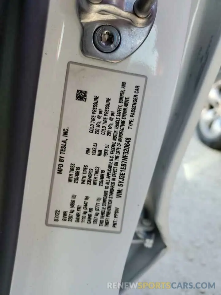 13 fotografías del automóvil dañado 5YJ3E1EB7NF320648 TESLA MODEL 3 2022