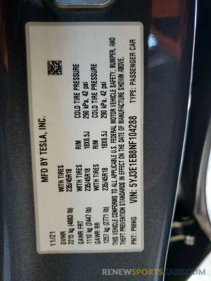 13 fotografías del automóvil dañado 5YJ3E1EB8NF104288 TESLA MODEL 3 2022