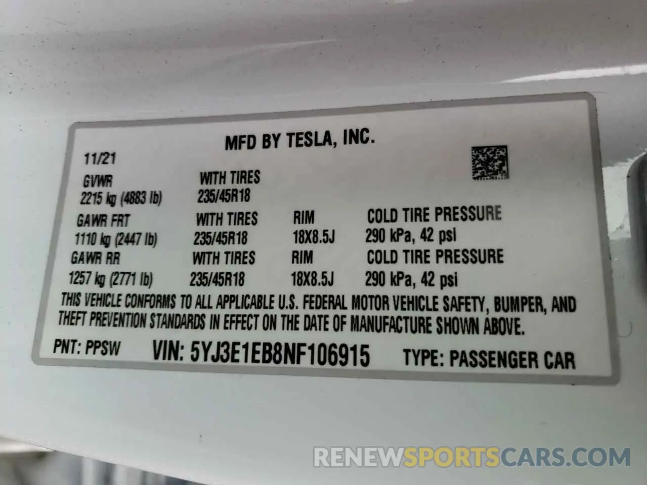 10 fotografías del automóvil dañado 5YJ3E1EB8NF106915 TESLA MODEL 3 2022