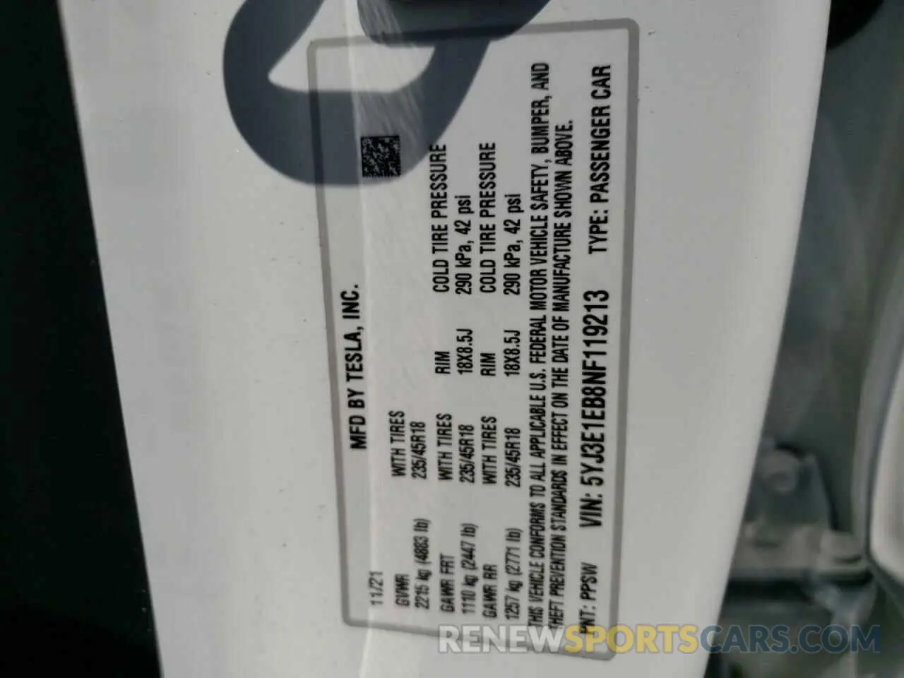 10 fotografías del automóvil dañado 5YJ3E1EB8NF119213 TESLA MODEL 3 2022