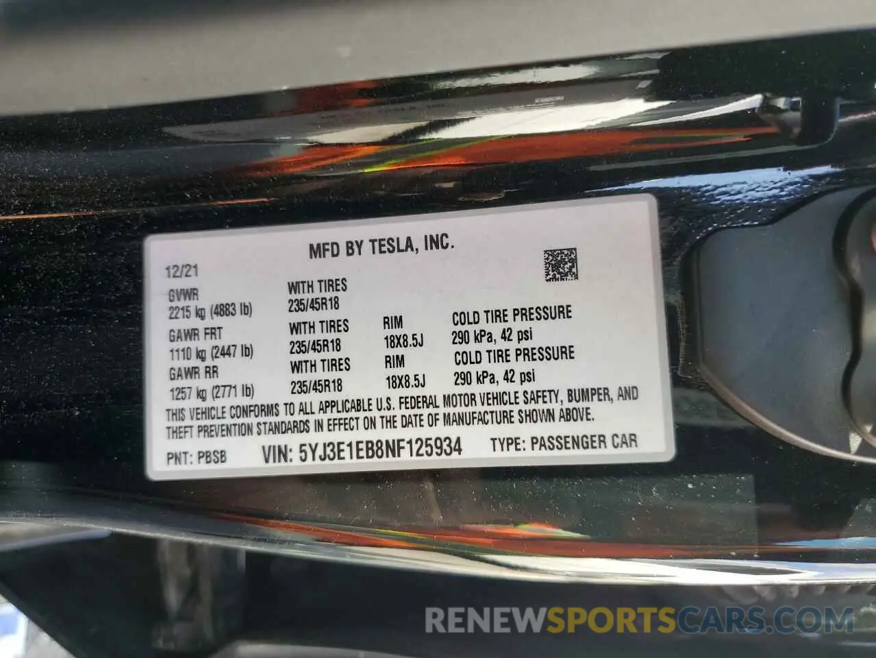 13 fotografías del automóvil dañado 5YJ3E1EB8NF125934 TESLA MODEL 3 2022