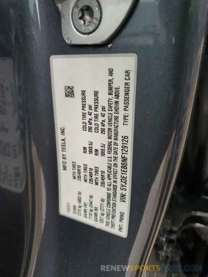 12 fotografías del automóvil dañado 5YJ3E1EB8NF129126 TESLA MODEL 3 2022