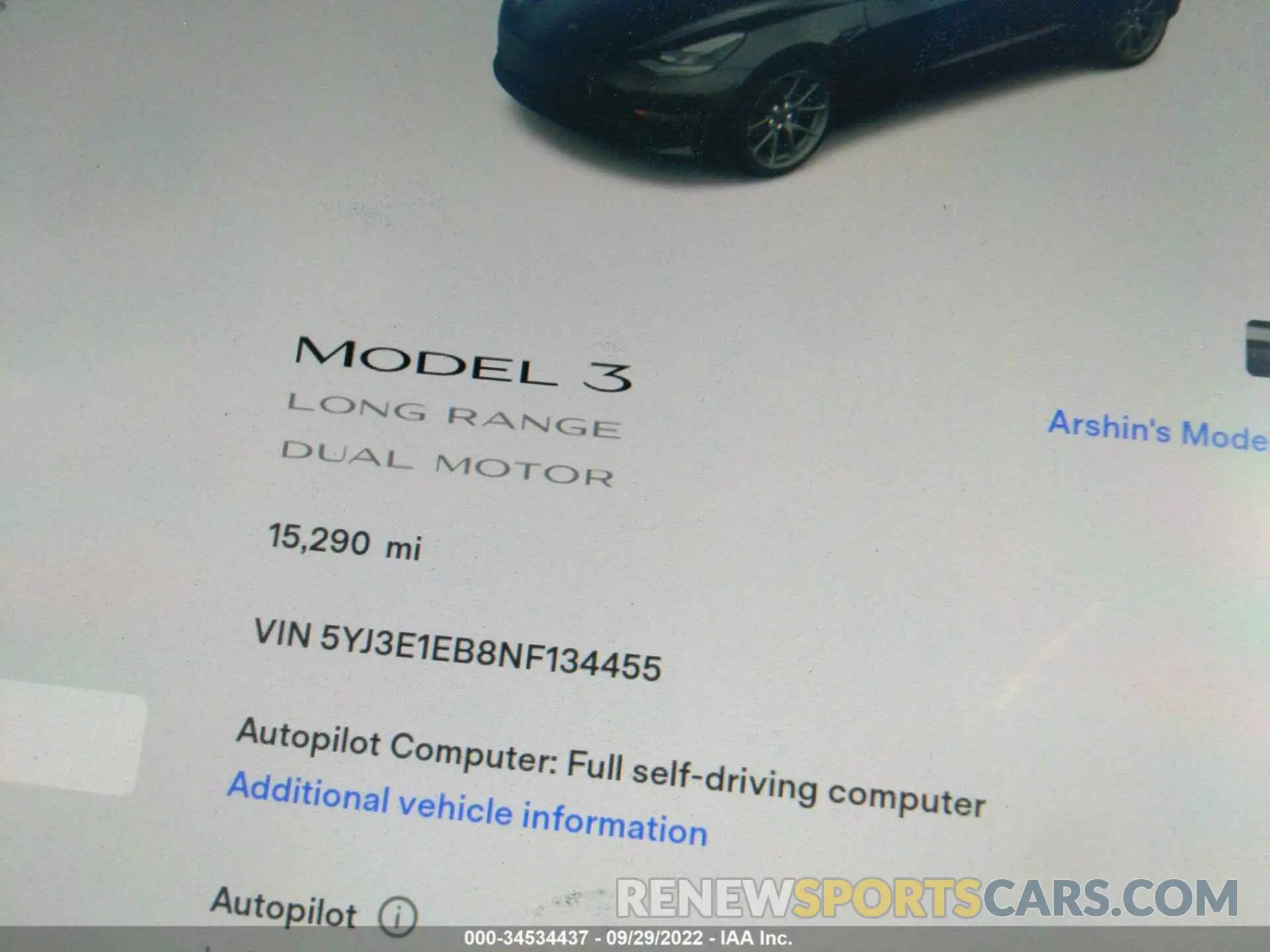 7 fotografías del automóvil dañado 5YJ3E1EB8NF134455 TESLA MODEL 3 2022