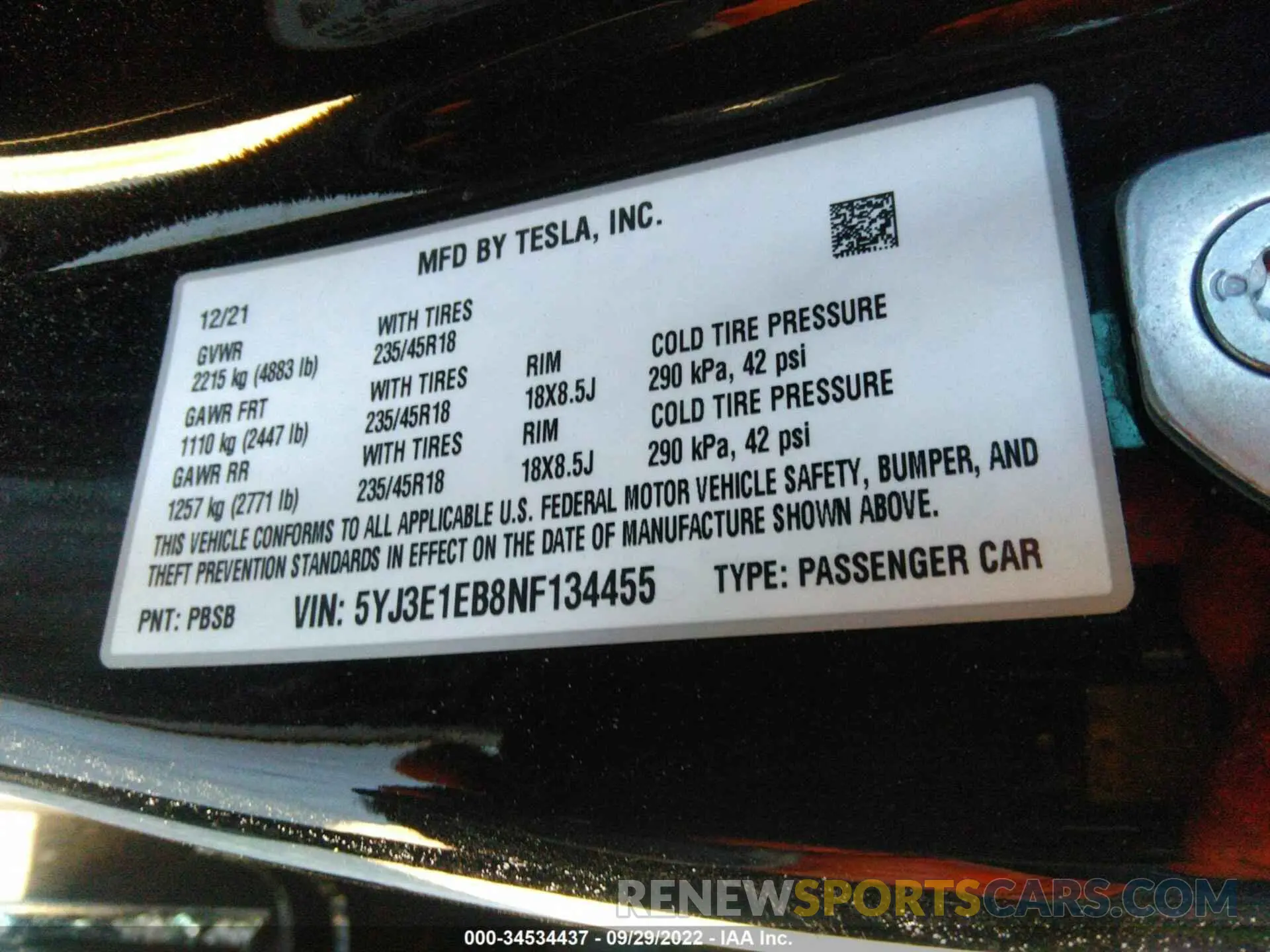 9 fotografías del automóvil dañado 5YJ3E1EB8NF134455 TESLA MODEL 3 2022
